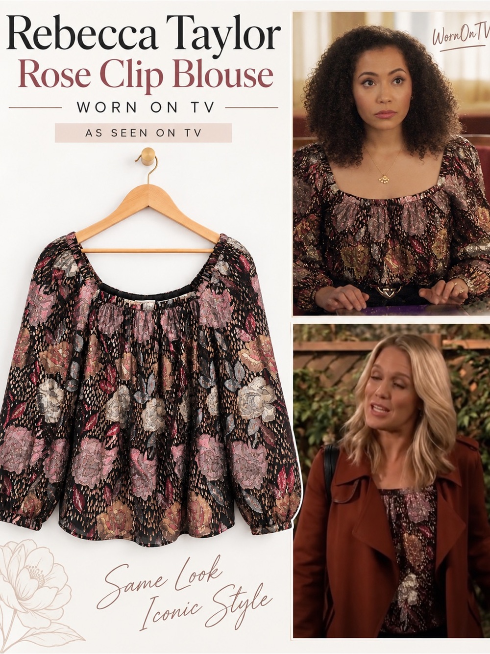Rebecca Taylor Rose Clip Metallic Silk Floral Blouse Small WornOnTv Charmed